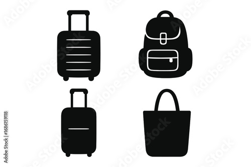 Travel luggage and bag silhouette icon set, including backpack, suitcase, tote bag, and carry-on luggage, vector cartoon illustration, versatile travel and packing essentials collection