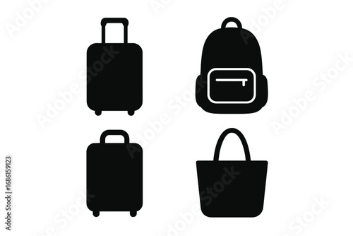 Luggage and Bag Silhouette Icon Set for Travel, Backpack, Suitcase, Tote, Vector Cartoon Illustration with Transparent Background, Organized and Stylish Travel Essentials Icons