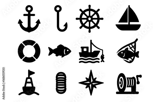 Marine and Fishing Icon Set with Nautical, Sea, Boat, Anchor, Fishing Hooks and Maritime Symbols in Solid Black Silhouette Collection for Vector Design