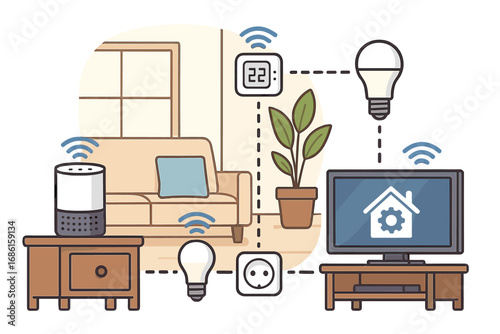 Smart home devices showcasing connectivity and automation in a modern household setting, vector cartoon illustration with transparent background, ordered set of smart tech gadgets