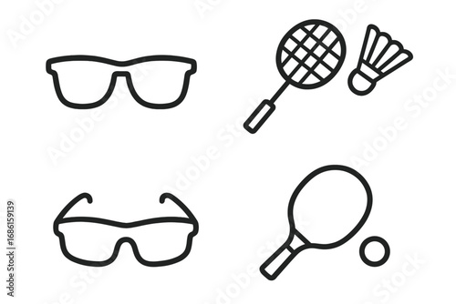 Sports outline icon set vector. Eyewear and recreation equipment collection. Line art symbols of sunglasses, badminton racket, shuttlecock, table tennis paddle and ball.