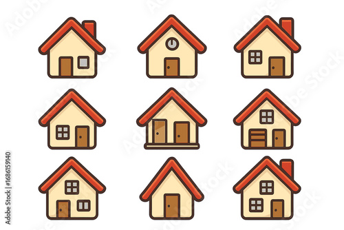 Multiple Simple House Icons with Varying Designs in a Grid Layout, Cartoon Vector Illustration, Transparent Background, Diverse Residential Building Symbols, Set of Home Icons