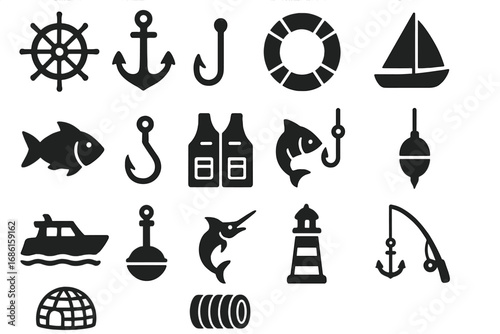 Marine and fishing solid icon set, nautical sea and boat icons collection, vector cartoon illustration with transparent background, fishing gear, boats, and sea animals