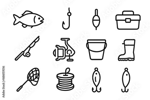 Fishing gear and angling equipment vector line icon set. Simple outline icons collection for fishing hobby or sport. Includes fish, rod, reel, tackle box, lure, hook, net.