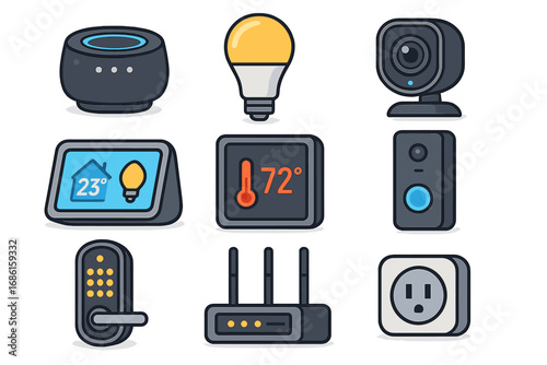 Smart home devices with various functionalities showcasing modern technology concepts in a vector cartoon illustration with grid layout and transparent background