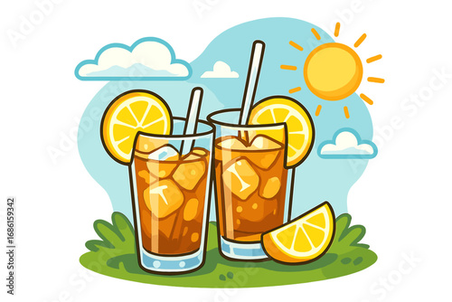 Refreshing iced tea with ice cubes, lemon slices, and straws in clear glasses on a sunny afternoon, vector cartoon illustration with bright blue sky, sun, clouds, and green grass background