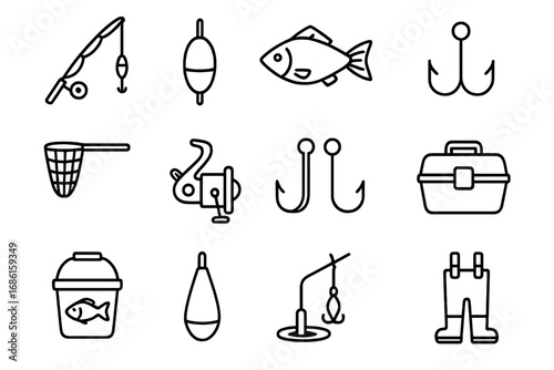 Fishing gear line icon set. Angling equipment outline symbols collection. Vector cartoon illustration of rod, reel, hook, lure, fish, float, net, tackle box, and waders.