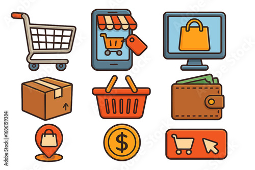 Shopping icons showcasing e-commerce and online purchasing elements, digital shopping cart, payment wallet, delivery package, mobile and desktop shopping basket, buying process illustration