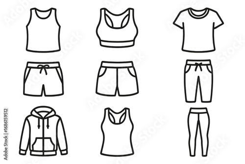 Fitness clothing line icon set. Gym apparel, sportswear, activewear linear collection. Workout clothes illustration. Vector outline icons for sport. Hoodie, shorts, top.