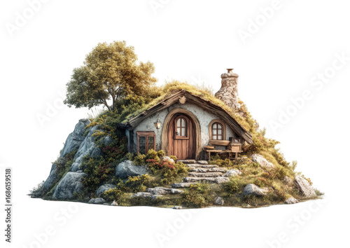 Miniature hobbit house nestled on a rocky hill