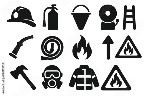 Firefighting equipment and fire safety icon set. Fireman tools and protection uniform symbols. Emergency rescue service signs. Vector silhouette pictogram illustration collection.