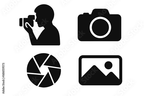 Photography silhouette icons set, solid camera and digital imaging symbols vector cartoon illustration with transparent background, photo gear and picture capture elements collection