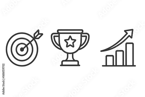 Minimalist vector icons representing goals, achievements, success, growth, and progress with clean line art design, trophy, target, and upward chart illustration for business and motivation concept