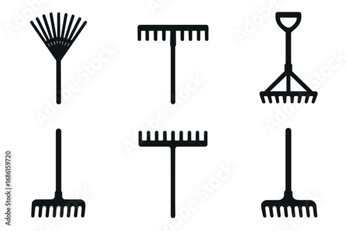 Rake icon set. Gardening tool silhouettes. Vector illustration of various rakes for garden, lawn care, yard work and agriculture. Minimalist farm and leaf raking equipment.