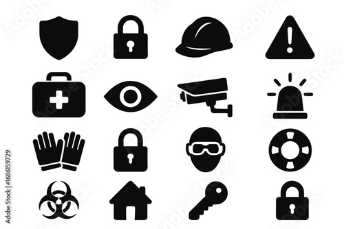 Safety and Protection Solid Icons Set – Flat Filled Security, Warning, and Safety Symbols Vector Cartoon Illustration with Transparent Background, Organized Icons for Security and Safety Concepts