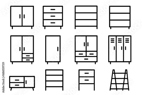 Furniture storage line icon set. Cabinet, wardrobe, dresser, and shelf outline collection. Vector linear illustration of home and office furnishing, lockers and drawers.