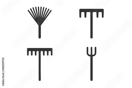 Gardening tool icons with diverse rake and pitchfork designs. Minimalist silhouette style. Vector illustration for agriculture, farming equipment and yard work concepts.