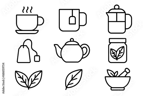 Tea and Herb Outline Icon Set, Natural Wellness and Brewing Symbols, Simple Leaf Vector Icons, Herbal Tea Elements, Organic Health and Relaxation Design, Transparent Background