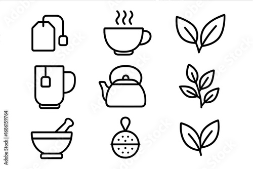 Tea and Herb Outline Icon Set, Simple Natural Wellness and Brewing Symbols, Leaf and Kettle Illustrations, Vector Cartoon Style with Transparent Background, Ordered Set 3