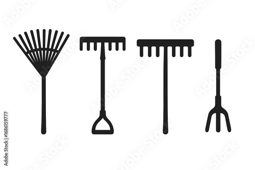 Gardening tool icons with diverse rake designs in minimalist silhouette style. Vector illustration of garden equipment. Leaf rake, bow rake, hand fork and cultivator set.