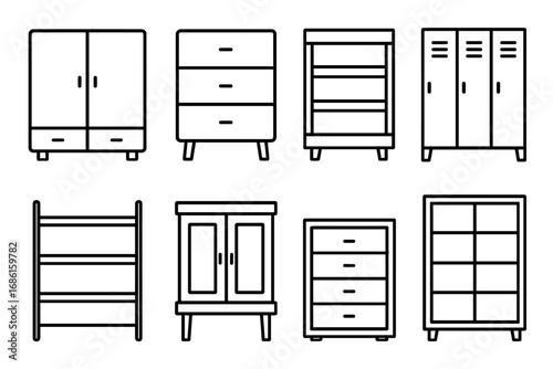Furniture storage line icon set. Cabinets, shelves, lockers, dressers outline collection. Vector illustration of interior design elements. Wardrobe, cupboard, drawer symbols.