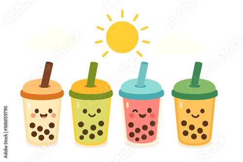 Set of cute bubble tea characters. Kawaii boba milk tea collection. Vector flat cartoon illustration of various fun drinks with straws and tapioca pearls on a sunny day.