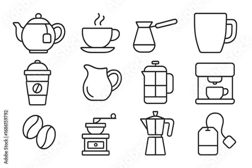 Tea and Coffee Linear Icon Set, Brewing Tools and Accessories Outline Collection, Vector Cartoon Illustration with Transparent Background, Ordered Set of Hot Drink Equipment