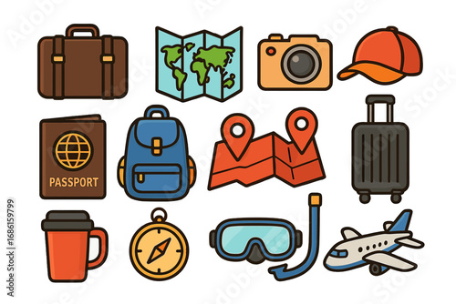 Travel essentials icons representing key items for a memorable journey worldwide, including luggage, passport, maps, camera, plane, compass, and adventure gear. Vector cartoon travel illustration.