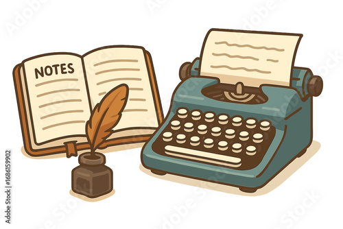 Creative writing tools collection including vintage typewriter, open notebook labeled notes, ink bottle, and quill pen, cozy workspace concept, vector cartoon illustration