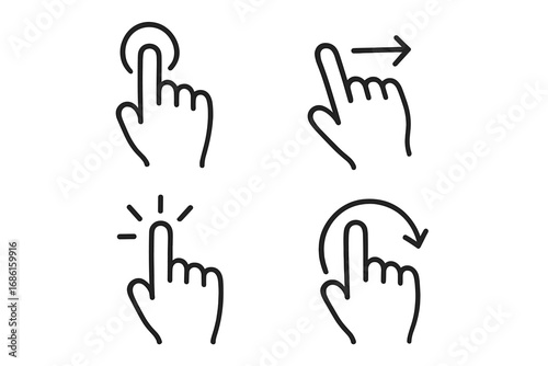 Gesture linear icon set. Touch, swipe, click, rotate gesture icon pack. Hand finger tap, slide and press symbols. UI UX vector line icons for mobile app interface design.