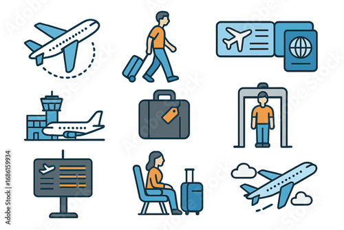 Travel icons representing various aspects of air travel and airport processes in a simple modern vector design, including airplane, luggage, boarding, security, and airport terminal illustrations