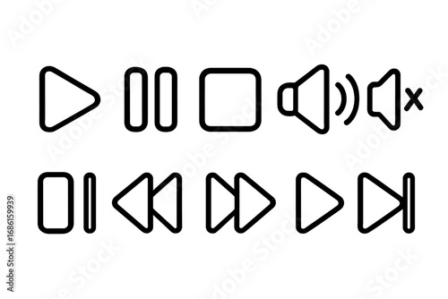 Various Media Control Icons Including Play, Pause, Stop, Volume, Mute, Rewind, Fast Forward, and Skip, Simple Black and White Vector Design for User Interfaces and Digital Media Controls