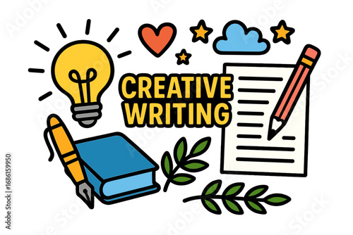 Creative writing tools with inspiring elements, bright colorful vector cartoon illustration, light bulb, heart, pencil, book, paper, stars, leaves for writers and storytelling