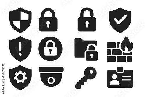 Security and Protection Solid Icon Set, Safety Shield, Lock, Defense, Firewall, Key, ID Badge Icons in Solid Style, Vector Cartoon Illustration with Transparent Background, Ordered Set 4