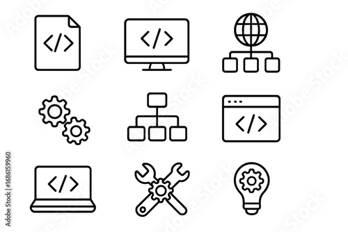 Technology development outline icon set, coding symbols, network infrastructure, software tools collection, vector cartoon illustration with transparent background, organized icons set 2