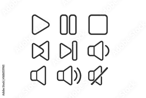 Various media control icons showcasing play, pause, stop, volume, mute, and track navigation in a clean minimalist black and white vector design for user interfaces and digital media controls