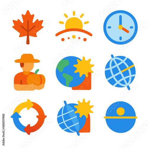 September Equinox Icons Set – Autumn Season, Day and Night Balance, and Seasonal Change Vector Illustration