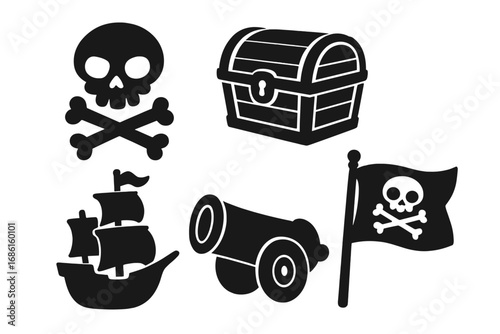 Pirate adventure silhouette icon set with skull and crossbones, treasure chest, sailing ship, cannon, and pirate flag graphics. Vector cartoon illustration with transparent background, ordered set.