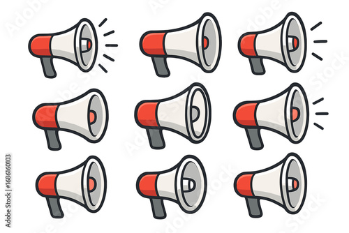 Various Megaphone Icons Set in Different Styles and Angles, Cartoon Vector Illustration for Communication, Announcement, Marketing, and Design with Transparent Background