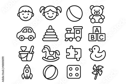 Toy and childhood line icon set, playful kids and games outline collection, vector cartoon illustration with transparent background, children’s playtime symbols, educational and fun icons