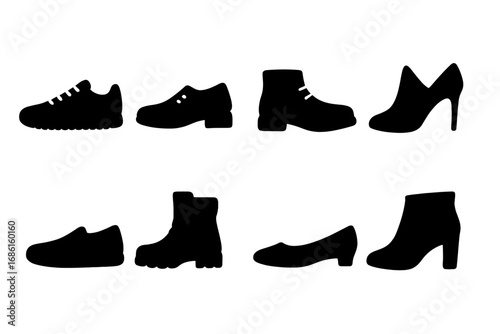 Shoe silhouette icon set of diverse footwear styles including sneakers, boots, heels, flats, and casual shoes, black vector cartoon illustrations with transparent background, organized collection