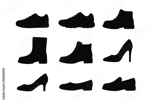Shoe silhouette icon set, footwear collection, sneakers, boots, heels, vector cartoon illustration, transparent background, ordered set, fashion shoes icons, footwear silhouettes