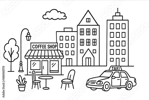 Hand drawn downtown city street scene with coffee shop, taxi, and buildings. Vector cartoon illustration set of urban elements. Linear cityscape sketch for design. Doodle outline.