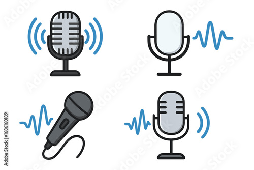 Various Microphone and Sound Wave Icons Illustrating Audio Communication, Recording, Broadcast Equipment, Voice Technology, and Digital Sound Signals in Cartoon Style Vector
