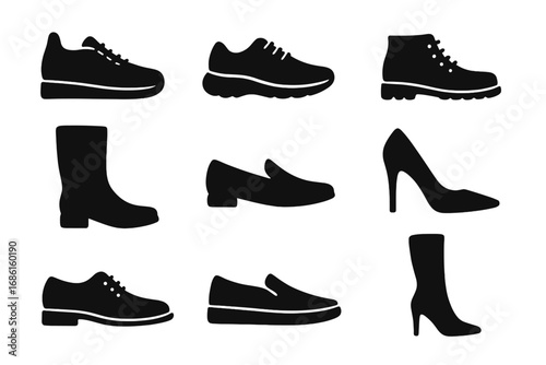Shoe silhouette icon set, footwear collection including sneakers, boots, heels, casual and formal shoe silhouettes, vector cartoon illustration with transparent background, ordered set