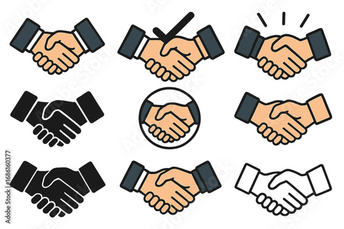 Various Handshake Icons Representing Agreement, Partnership, Cooperation, and Business Deal in Diverse Styles and Designs, Vector Cartoon Illustration with Transparent Background