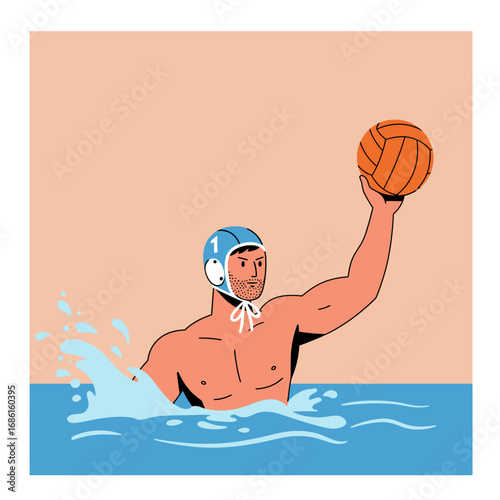 A male water polo player in action, holding a ball above water.