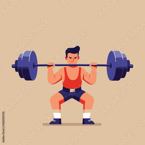 A muscular athlete performing a squat with a barbell, showcasing strength and fitness.