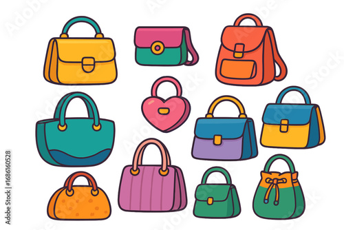 Colorful Fashion Handbags Collection, Various Styles and Designs, Modern Vector Cartoon Illustration of Trendy Purses and Bags for Fashion Enthusiasts, Transparent Background