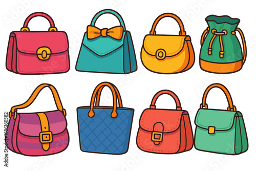 Various styles of colorful handbag designs displayed together in a bright modern arrangement for fashion enthusiasts, trendy accessories, vector cartoon illustration with transparent background